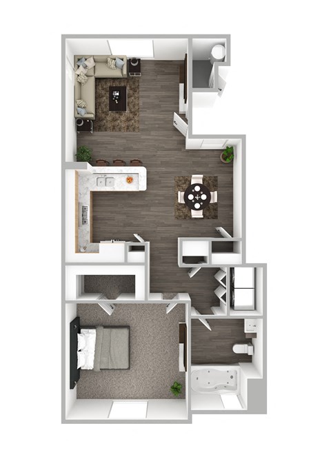 Floor plan for 1 bed, 1 bath, 735 sqft